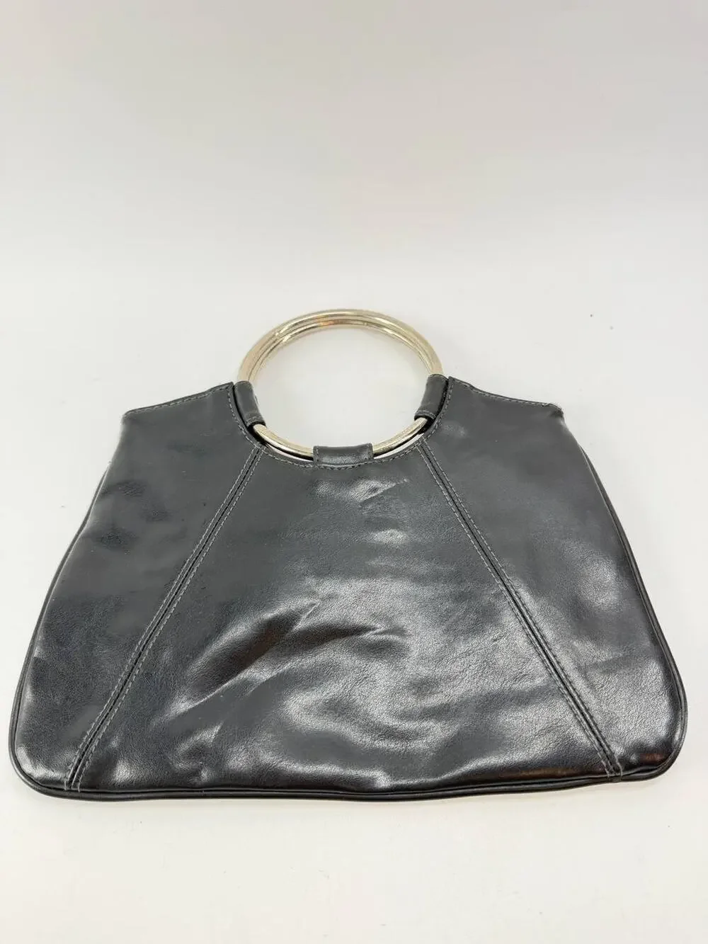 Giannini Black Ring Handle Clutch Purse Faux Leather Evening Handbag